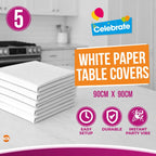 5pk White Paper Table Covers 90x90cm Tablecloths for Parties Cover Disposable - Thick Absorbent Design - Easy Clean Up for Weddings, Craft Activities, Kids’ Meals, Village Halls & Family Events