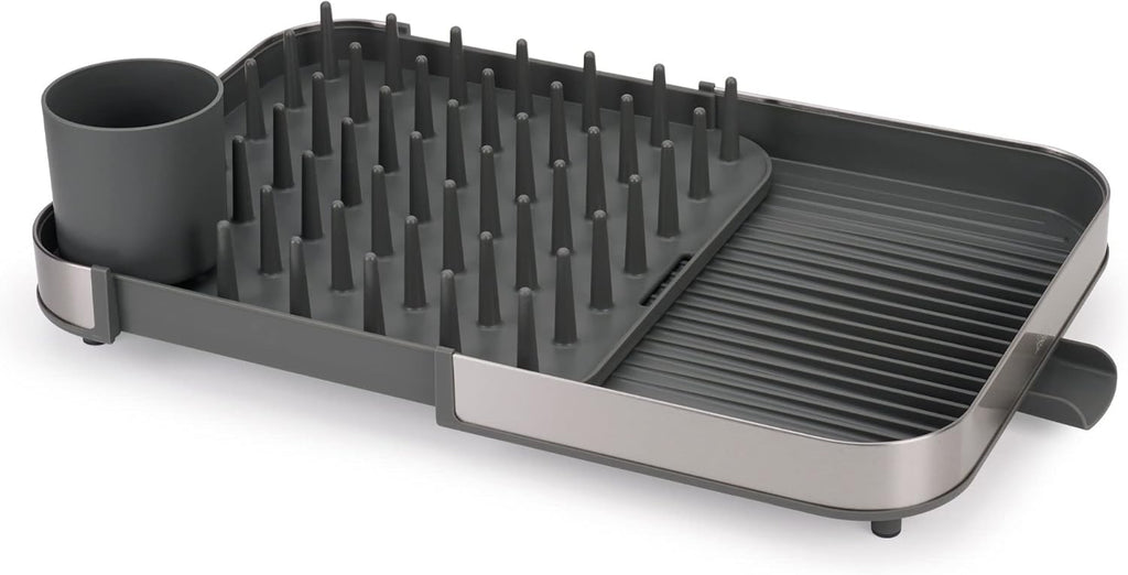 Duo Expanding Dish Drainer Rack with Removable Cutlery Holder, Draining Spout, Stainless-steel/Grey