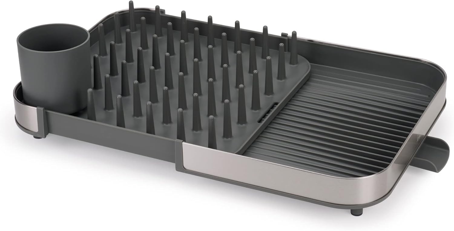 Duo Expanding Dish Drainer Rack with Removable Cutlery Holder, Draining Spout, Stainless-steel/Grey