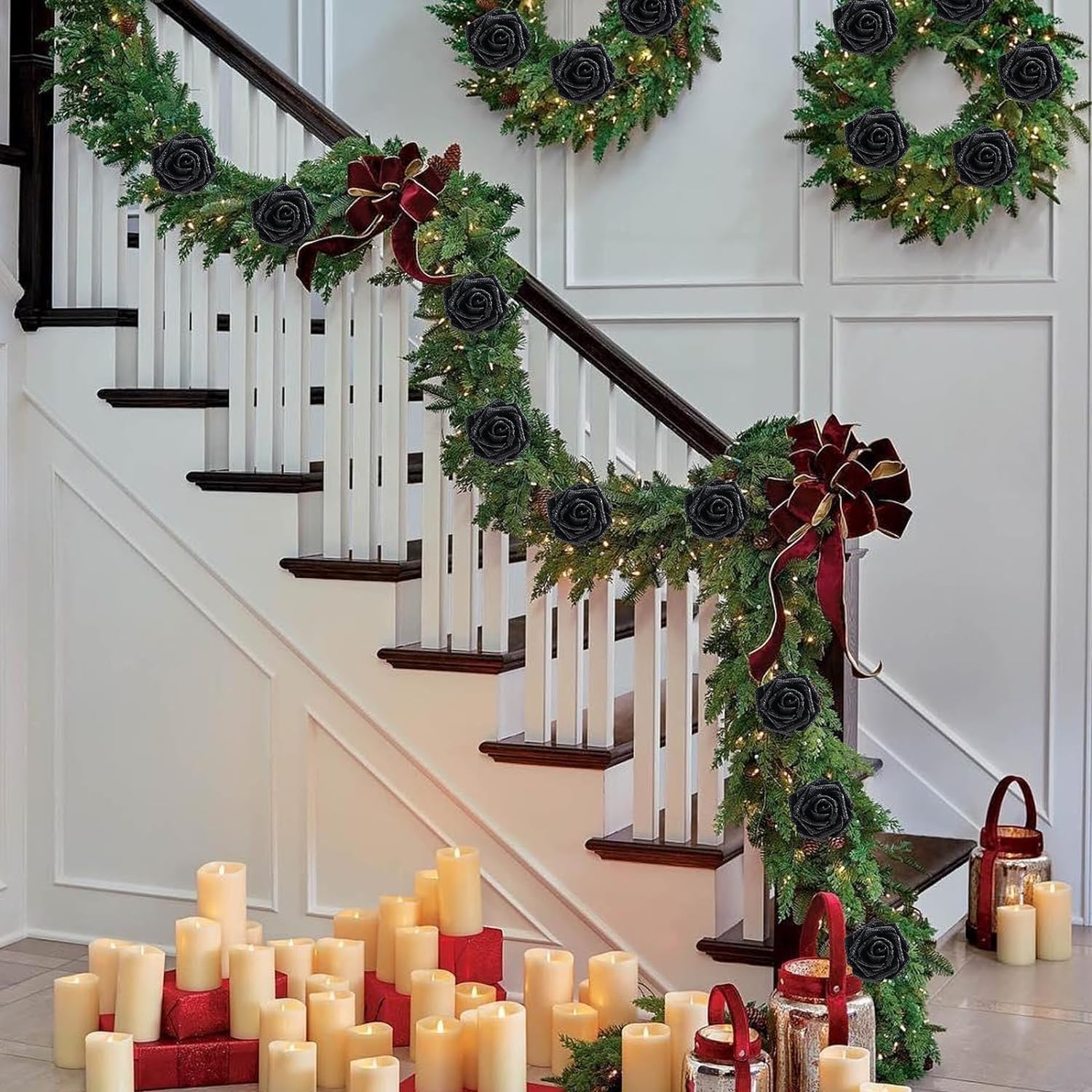 Artificial Flowers Glitter Rose, 25pcs Fake Roses Flowers with Stems Real Touch Faux foam Roses for Wedding Bouquets Party Home Halloween Christmas Decoration(Black) Secondary image