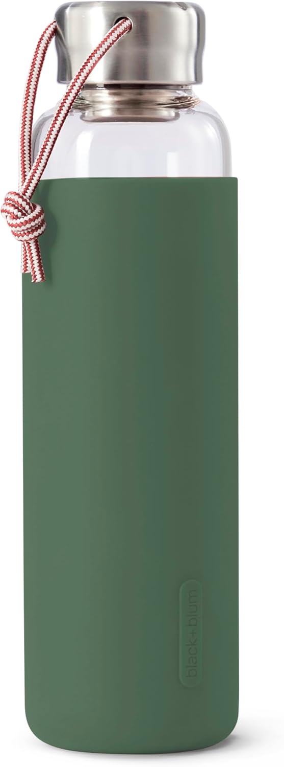 BLACK+BLUM - Glass Water Bottle - Leak Proof, Lightweight Borosilicate Glass Bottle with Screw-Fit Lid, Carry Loop and Protective Sleeve - Freezer Safe, Olive - 600ml