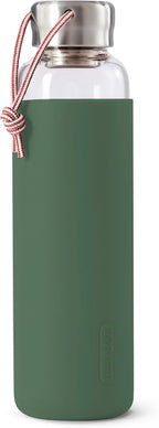 BLACK+BLUM - Glass Water Bottle - Leak Proof, Lightweight Borosilicate Glass Bottle with Screw-Fit Lid, Carry Loop and Protective Sleeve - Freezer Safe, Olive - 600ml