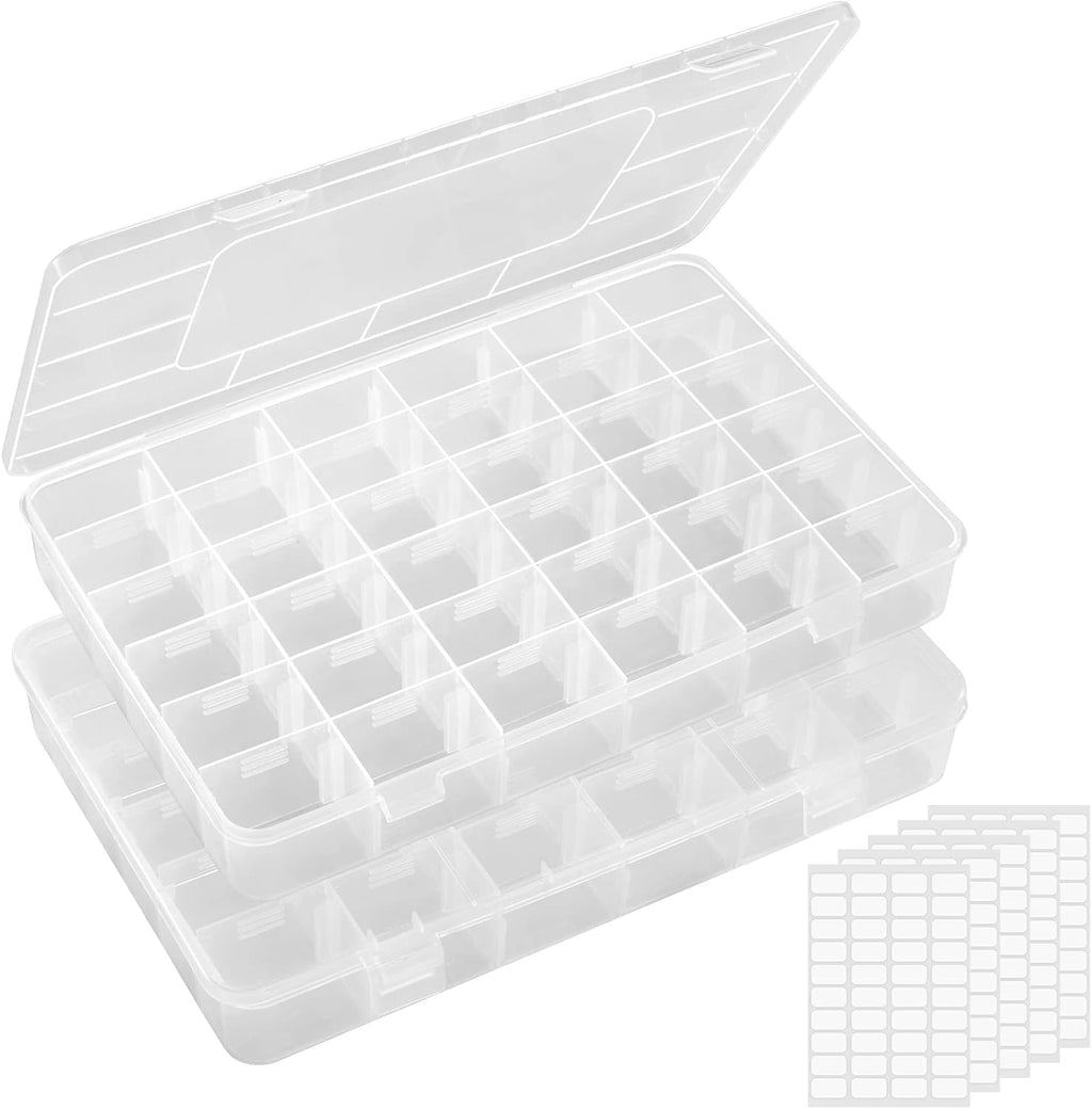 2 Pack 36 Grids Organiser Storage Box, Fishing Tackle Box, Clear Stackable Plastic Container with Adjustable Dividers for Beads, Art DIY, Crafts, Jewelry, with 5 Sheet Label Stickers