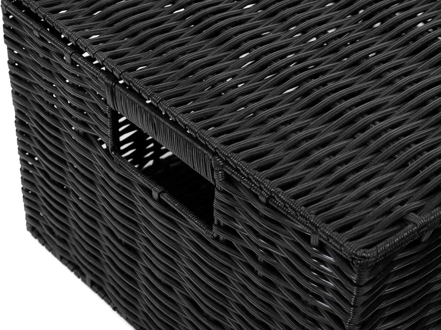 Large Resin Woven Storage Basket Box With Lid & Lock - Black