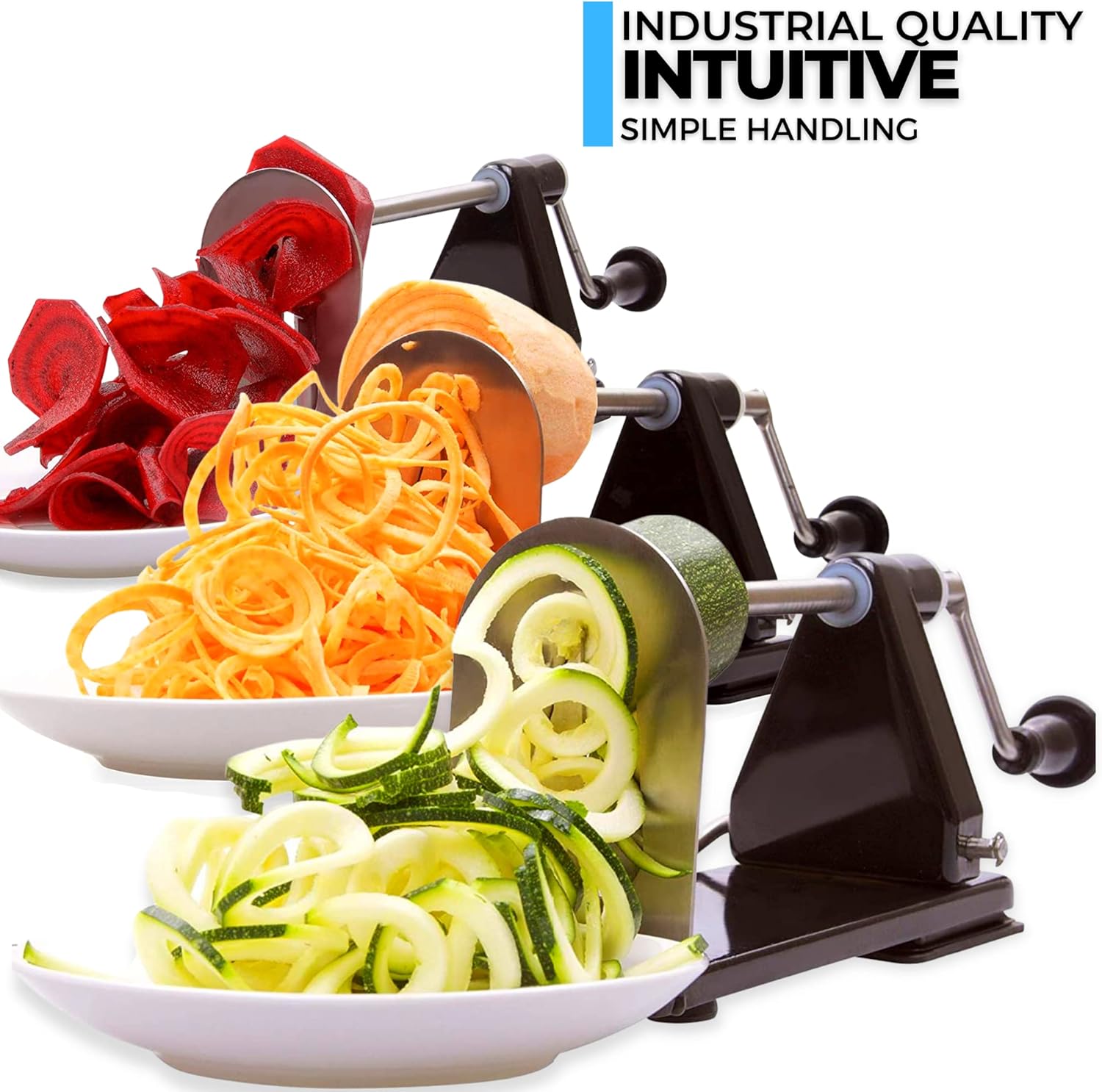 Premium Spiralizer for Vegetables with 3 Interchangeable Blades & Built-in Ribbon Blade - Professional Spiralizer with Stainless Steel Design, Strong Suction Base & Non-Slip Technology