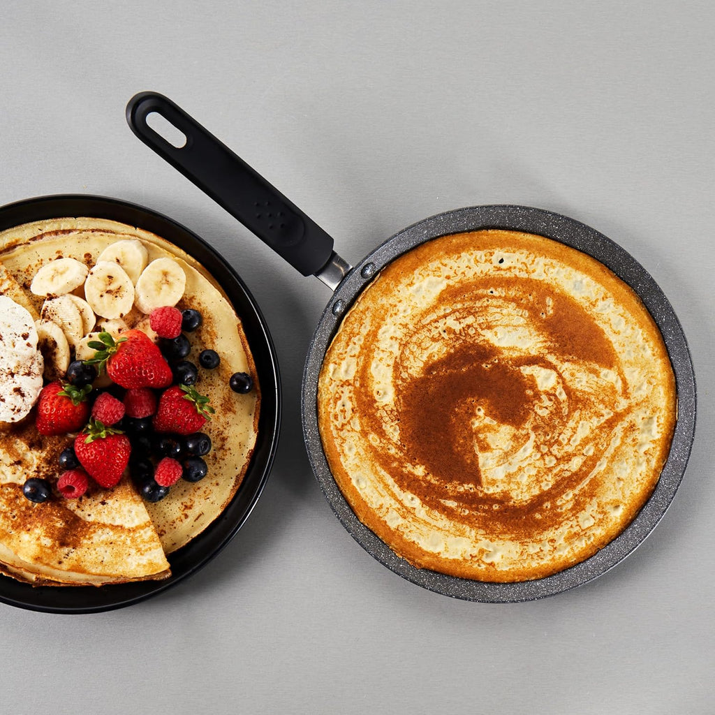 Metallic Marble Pancake Pan - 25cm Crepe Frying Pan, 9.8" Non-Stick Flat Skillet Griddle, Suitable for Induction Hobs, Soft Grip Handle, Durable Forged Aluminium, Easy Clean