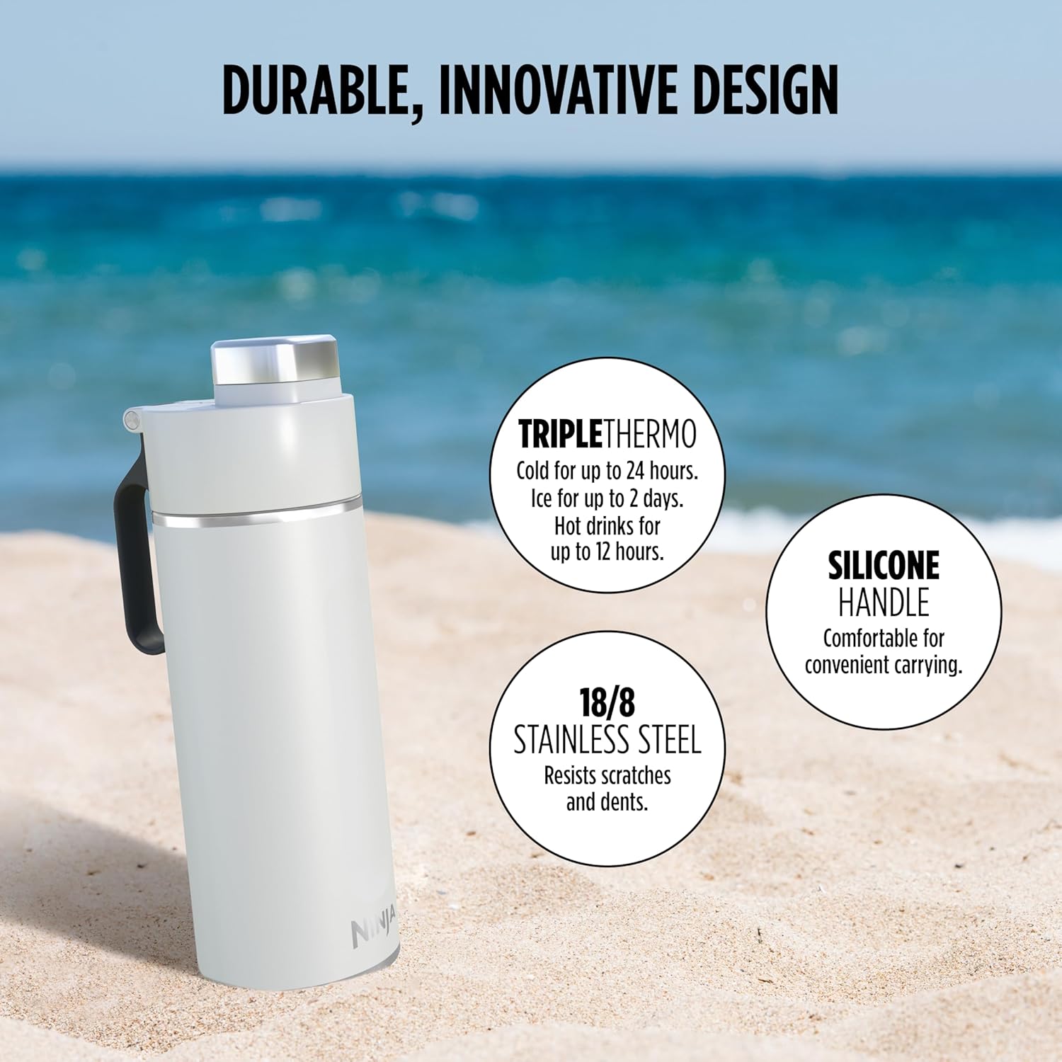 Ninja Thirsti Water Bottle and Flask 700 ML With Leak-Proof Lid, Designed For Carbonated, Hot & Cold Drinks, Ideal For Travel & Sports, Triple Insulated, Stainless Steel Bottle, White, DW2401EUUKWH