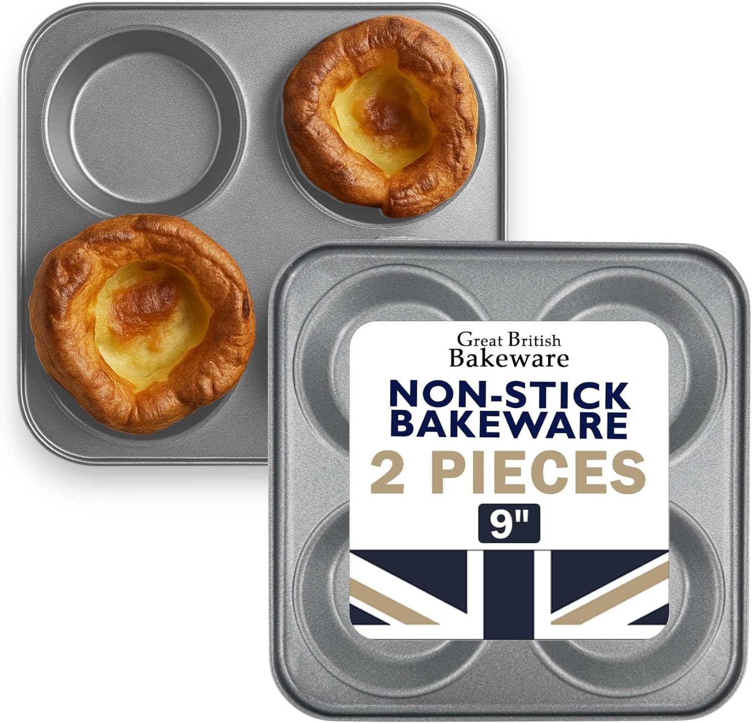 Chabrias Ltd UK-Made 2-Pack Yorkshire Pudding Tray, 4-Cup “Giant” – Carbon Steel, Long-Life Non-Stick, Even-Bake, Easy-Release, Oven-Safe – Perfect Crispy Rims, 23 cm Main image