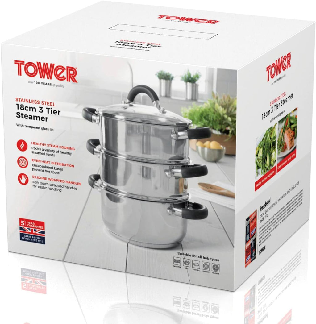 T80836 3-Tier Steamer with Encapsulated Base and Tempered Glass Lid with Steam Release Vent, Induction Compatible, Stainless Steel, Silver