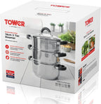 T80836 3-Tier Steamer with Encapsulated Base and Tempered Glass Lid with Steam Release Vent, Induction Compatible, Stainless Steel, Silver