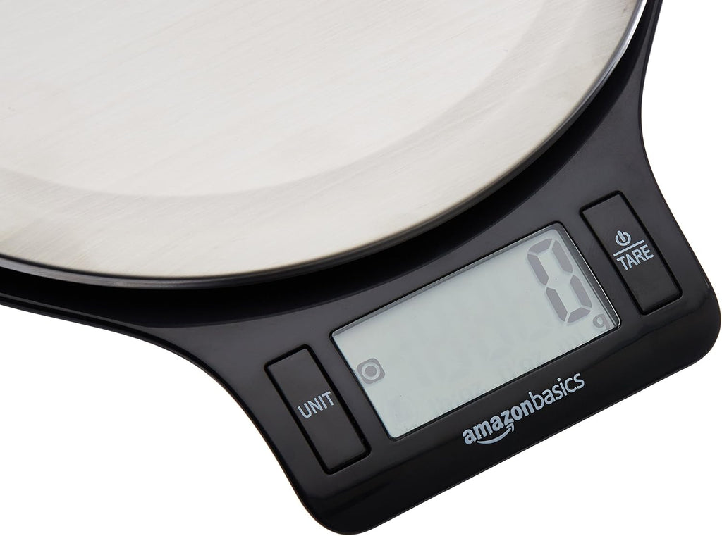 Digital kitchen scales with LCD display (with batteries), Black and Stainless Steel, BPA free, Weighs up to 11 pounds