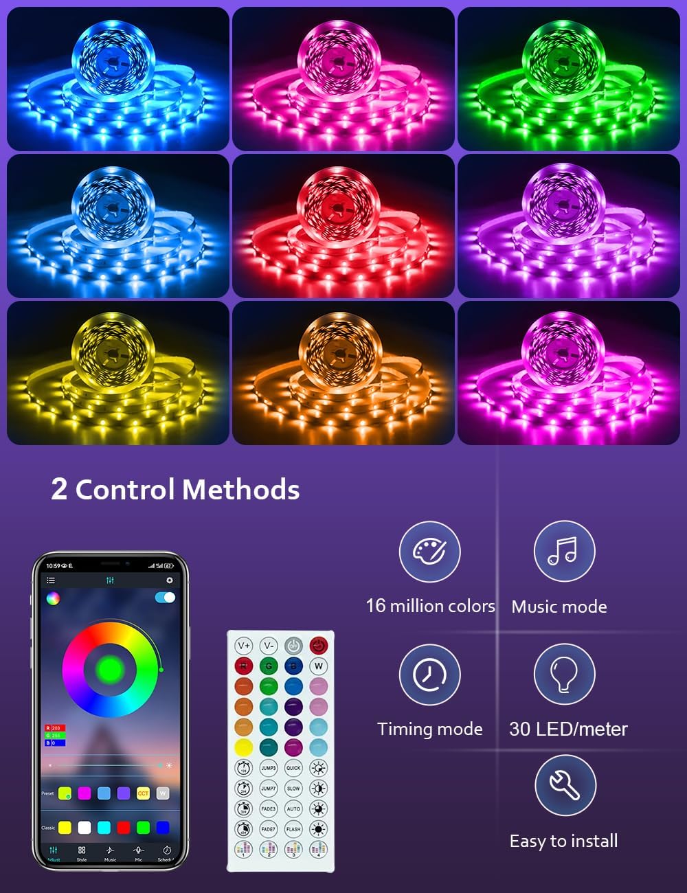 HOVVIDA LED Strip Light Lights 10M, 1x10M, 30 LEDs/Meter, 24V RGB LED Strip Light, 300 LEDs, APP and Remote Control, Music Mode, Timer Mode, LED for Bedroom, Living Room, Kitchen, Party