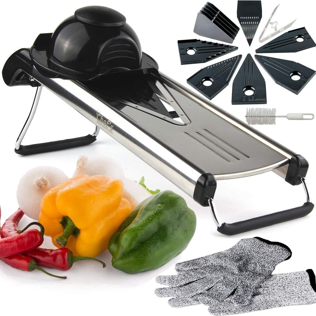 Mandoline Vegetable Slicer, Mandolin Slicer V Blade Cutter, Julienne and Food Grater. Great for Onions, Potatoes and Tomatoes. Includes 6 Inserts, and Cut Proof Gloves. Stainless Steel