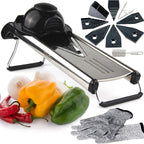 Mandoline Vegetable Slicer, Mandolin Slicer V Blade Cutter, Julienne and Food Grater. Great for Onions, Potatoes and Tomatoes. Includes 6 Inserts, and Cut Proof Gloves. Stainless Steel
