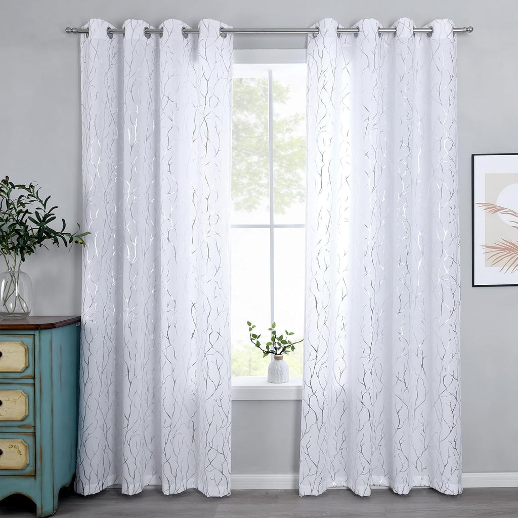 Kotile Silver Tree Branch Curtains 63 Inch Length, Metallic Shimmer White Curtains for Bedroom, Grommet Top Privacy Semi-Sheer, 52 x 63 Inch, 2 Panels