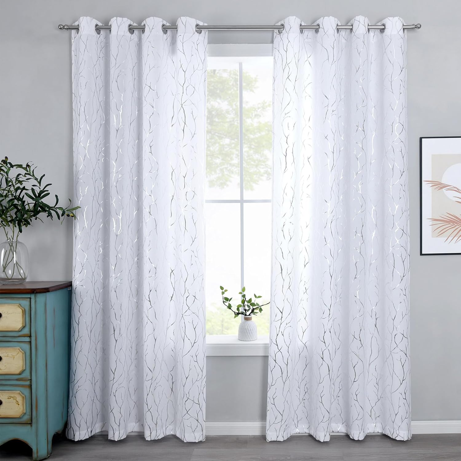 Kotile Silver Tree Branch Curtains 63 Inch Length, Metallic Shimmer White Curtains for Bedroom, Grommet Top Privacy Semi-Sheer, 52 x 63 Inch, 2 Panels