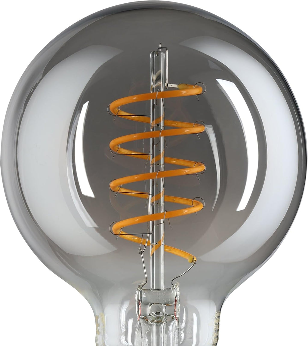 Dimmable E27 LED globe, vintage spiral filament light bulb, Edison lamp for retro lighting, 4 watt, 100 lumen, warm white glow, black transparent, 2000k, G80, Ø 3"
