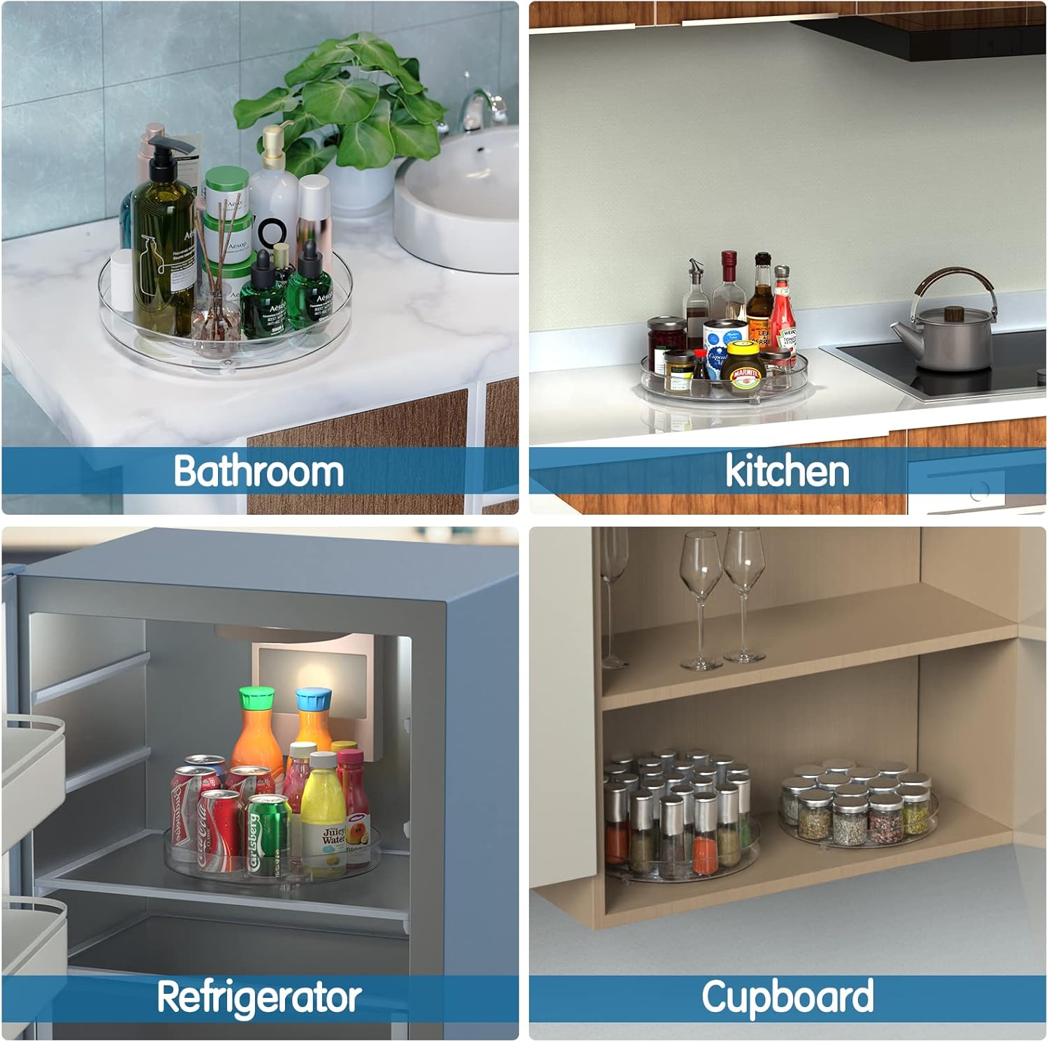 2 Pcs Lazy Susan Turntable Cupboard Organiser(27+23.5cm), Rotating spice rack Fridge turntable organiser, spinning cupboard organiser, turntable storage 9.3+10.6 Inch for Cabinet,Fridge,Pantry