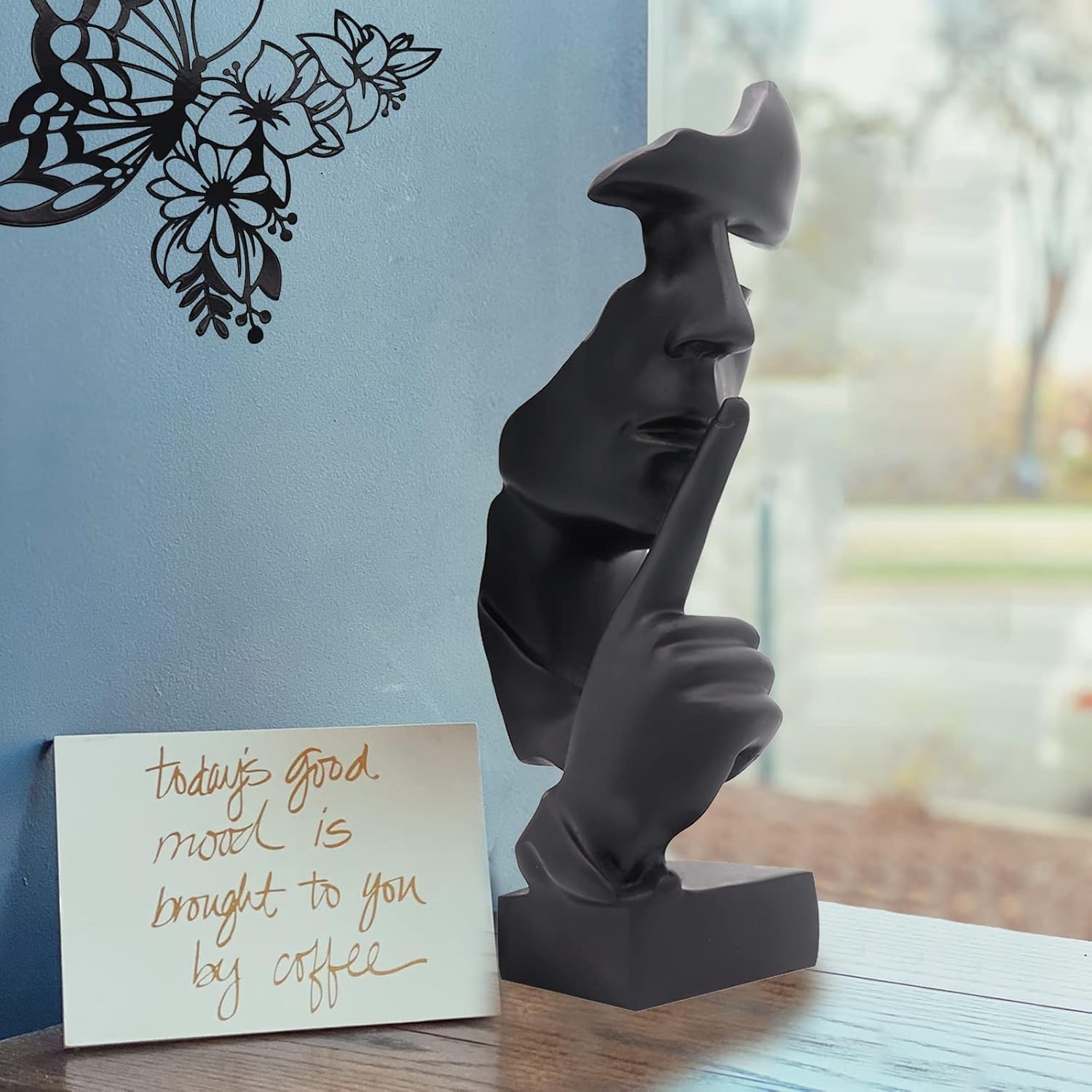 Thinker Statue, Silence is Gold Abstract Art Sculpture, Ponder Statue, Creative Resin Figurine, Modern Home Ornament, Decoration for Home Room Study Office Table Shelf (Black) Secondary image