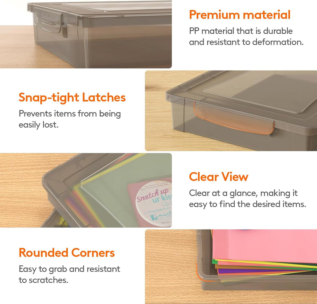 2 Pack Plastic Multi-Purpose Storage Box with Latching Lids, Gray A4 Paper Storage, Classroom Organization, Storage Containers for Board Game, Craft, Document, Magazine, Art Supplies