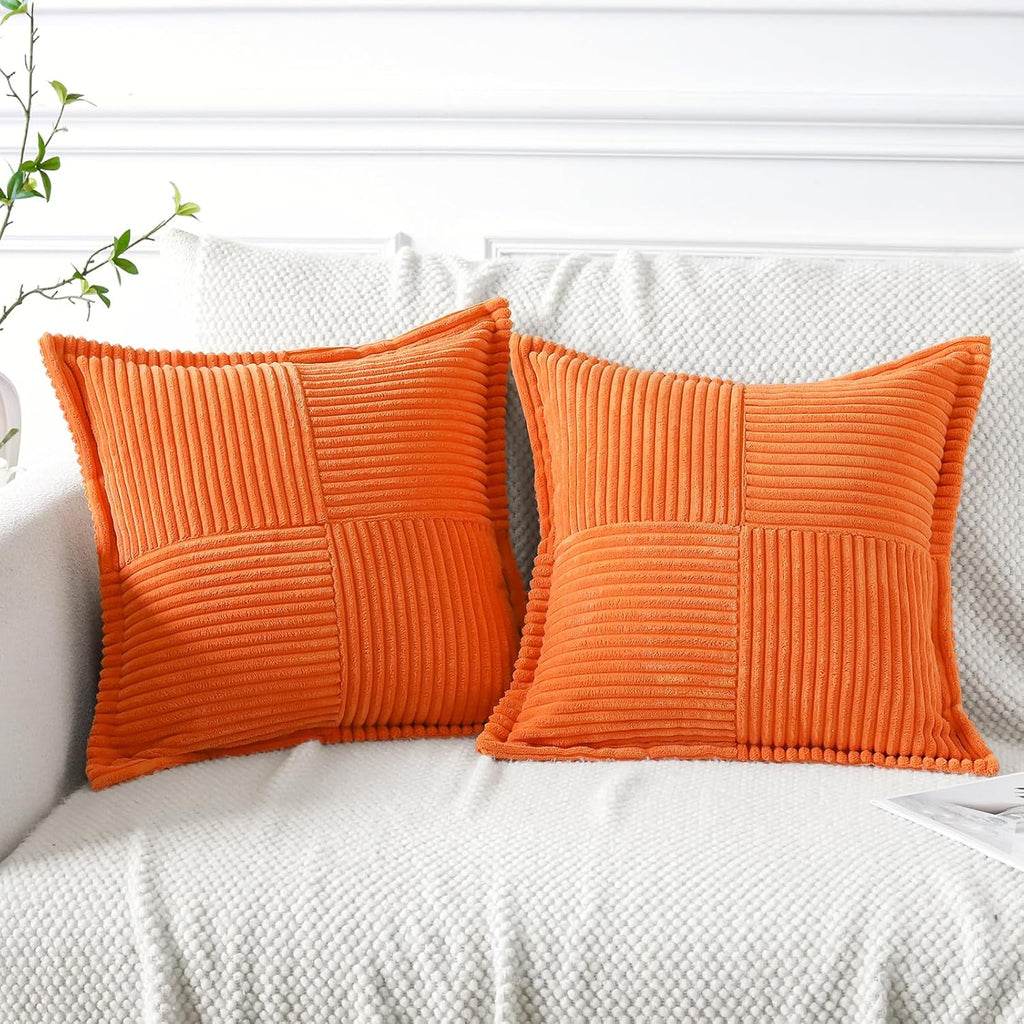 Artscope Corduroy Cushion Covers Pack of 2 Modern Patchwork Throw Pillow Covers Soft Pillowcase Broadside Decorative Textured Cushions for Home decor Sofa Bedroom Couch Orange 40x40cm