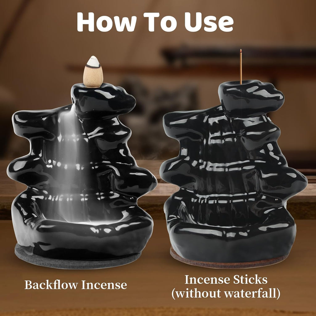 Waterfall Backflow Incense Burner, Ceramic Incense Cone Holder with 60 Cones, Tongs and Table Mat, Home Decor for Meditation, Relaxation, Purification, Yoga Gifts