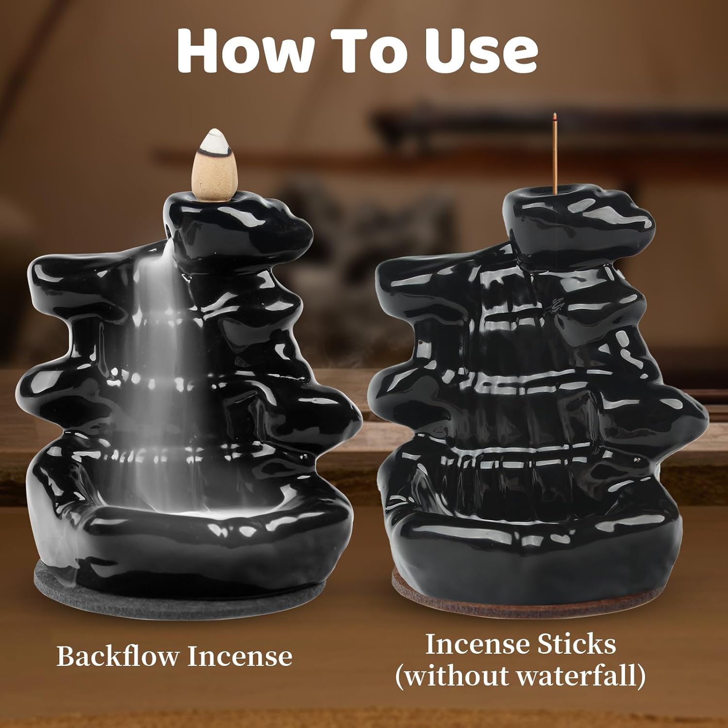 Waterfall Backflow Incense Burner, Ceramic Incense Cone Holder with 60 Cones, Tongs and Table Mat, Home Decor for Meditation, Relaxation, Purification, Yoga Gifts