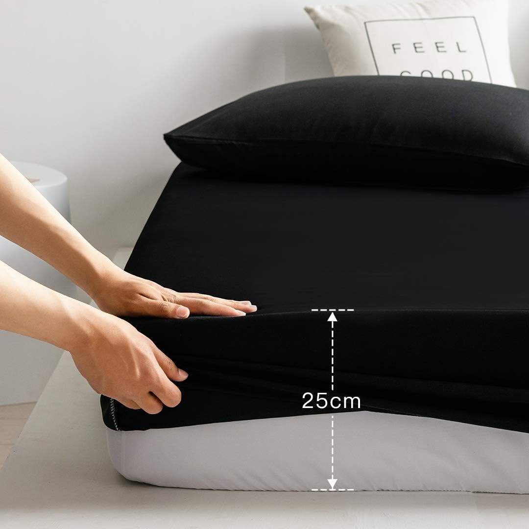 Double Fitted Sheet Bed Sheets 25CM Extra Deep Pocket Soft and Breathable Fitted Bedding Sheets (Black, Double)