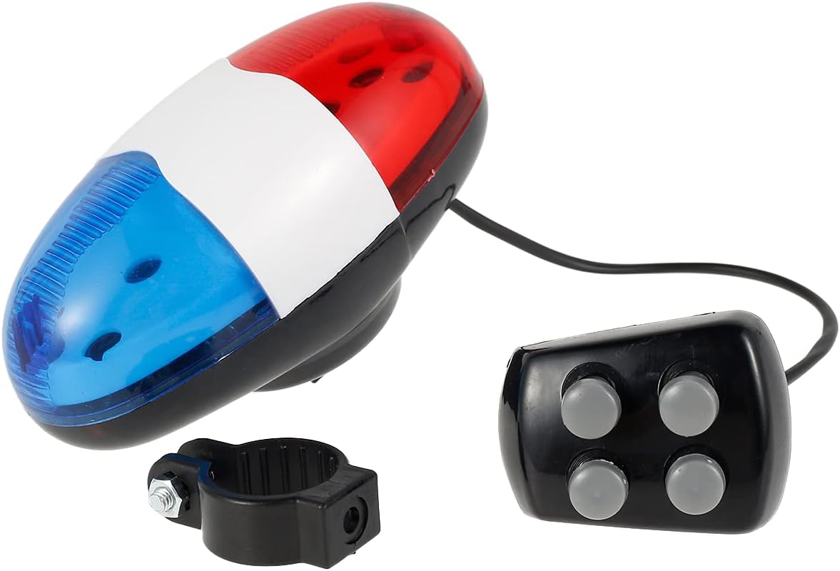 Bicycle Police Siren Bike LED Light Electric Horn Bicycle Police Sound Light 4 Sounds Melody Bicycle Power Horn Siren Bell 6-LED Flashing Blue and Red Bicycle Safety Light for Mountain Bike Road Bike