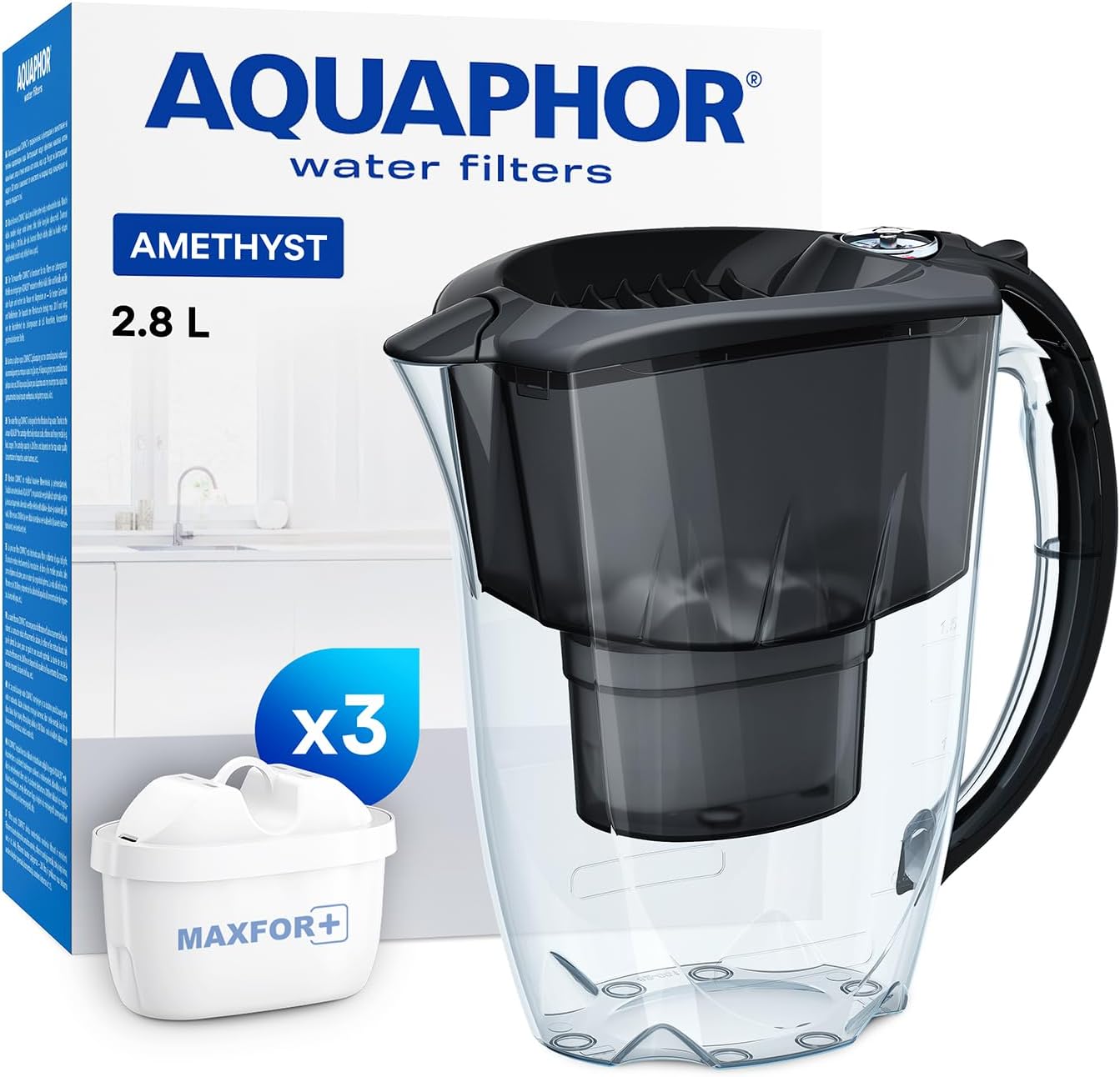 Amethyst Fridge Water Filter Jug, Includes 3 x Maxfor+ Cartridges to Reduce Lime, Chlorine & Heavy Metals, Plastic, Volume 2.8 L. (Black) Main image