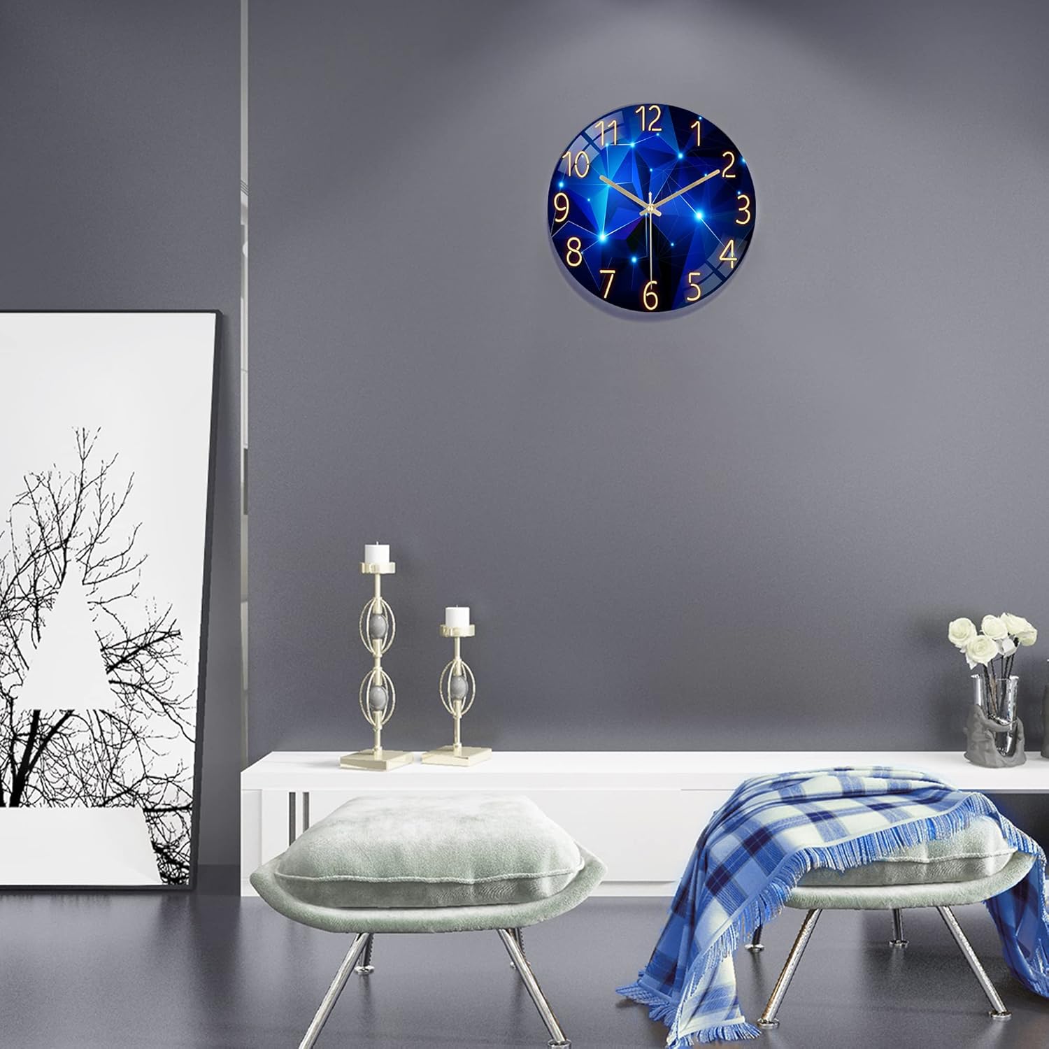Glass Galaxy Wall Clock Blue, 12 Inch Silent Non-Ticking Battery Operated Modern Decorative Clocks for Living Room Kitchen Bedroom