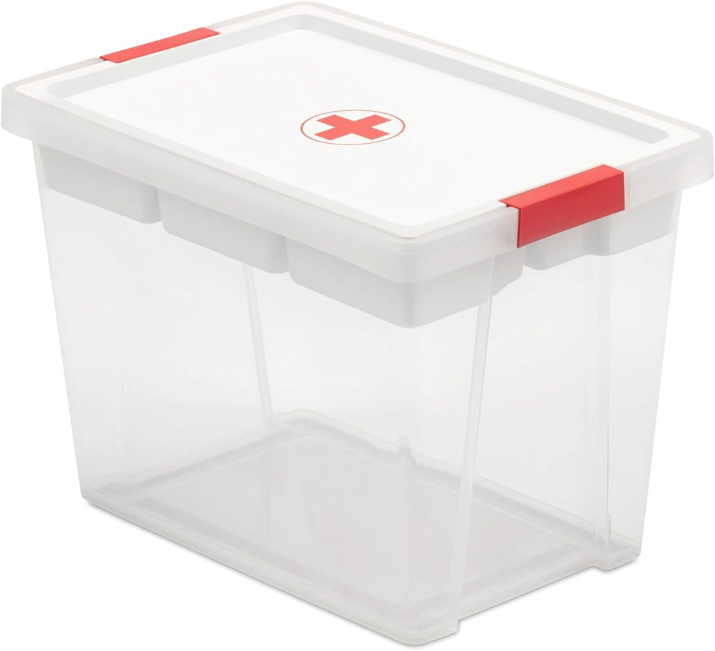 First Aid Box with Lid, 15L Capacity, with Handles and Organiser Tray, Lid 100% Recycled Materials, BPA Free, Measures 25 x 36 x 26 cm