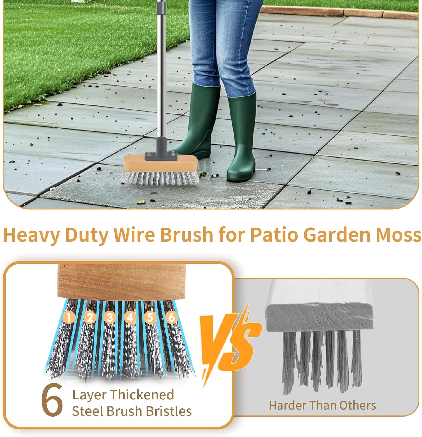 Wire Broom with 150cm Handle, Heavy Duty Wire Brush for Patio Garden Moss Algae Weed Removing, Hard Stiff Metal Brush Outdoor Floor Scruber for Cleaning Yard Roof Deck Secondary image