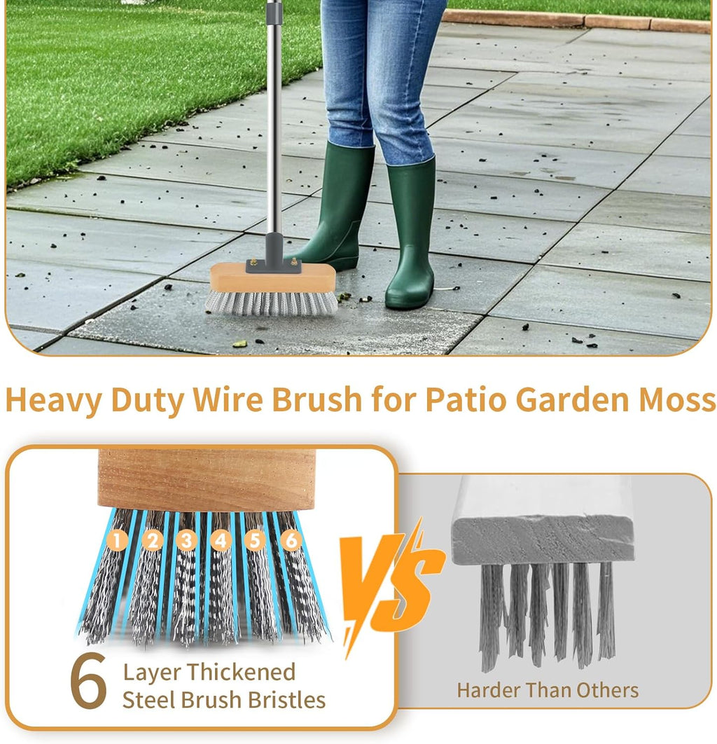 Wire Broom with 150cm Handle, Heavy Duty Wire Brush for Patio Garden Moss Algae Weed Removing, Hard Stiff Metal Brush Outdoor Floor Scruber for Cleaning Yard Roof Deck