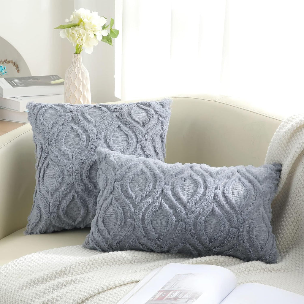 decorUhome Set of 2 Faux Fur Cushion Covers 30x50 cm, Decorative Soft Plush Fluffy Velvet Cushion Cover 12X20 Inch, Rectangle Boho Neutral Pillow Case for Sofa, Grey