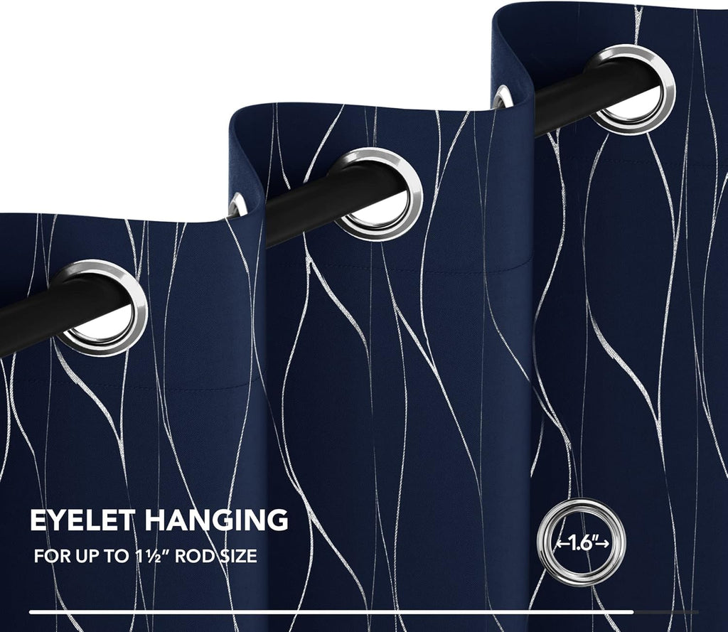 Eyelet Curtains, Blackout Curtains, Home Decoration Thermal Insulated Wave Line Foil Printed Material Curtains for Bedroom Windows, 46 x 54 Inch(Width x Length), Navy Blue, one pair