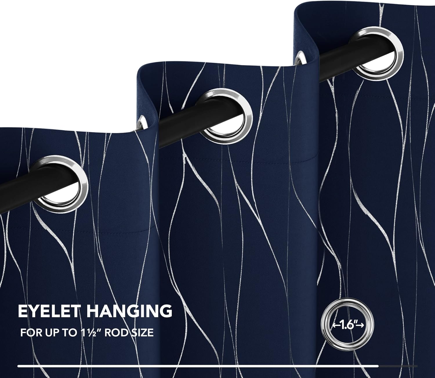 Eyelet Curtains, Blackout Curtains, Home Decoration Thermal Insulated Wave Line Foil Printed Material Curtains for Bedroom Windows, 46 x 54 Inch(Width x Length), Navy Blue, one pair