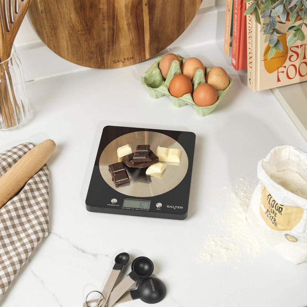 1036 BKSSDR Digital Kitchen Scale – Cooking & Baking Scales for Food Weight, Stainless Steel Weighing Platform, 5KG Capacity, Tare Function, Large LCD Easy Read Display, Measure Liquids, Black