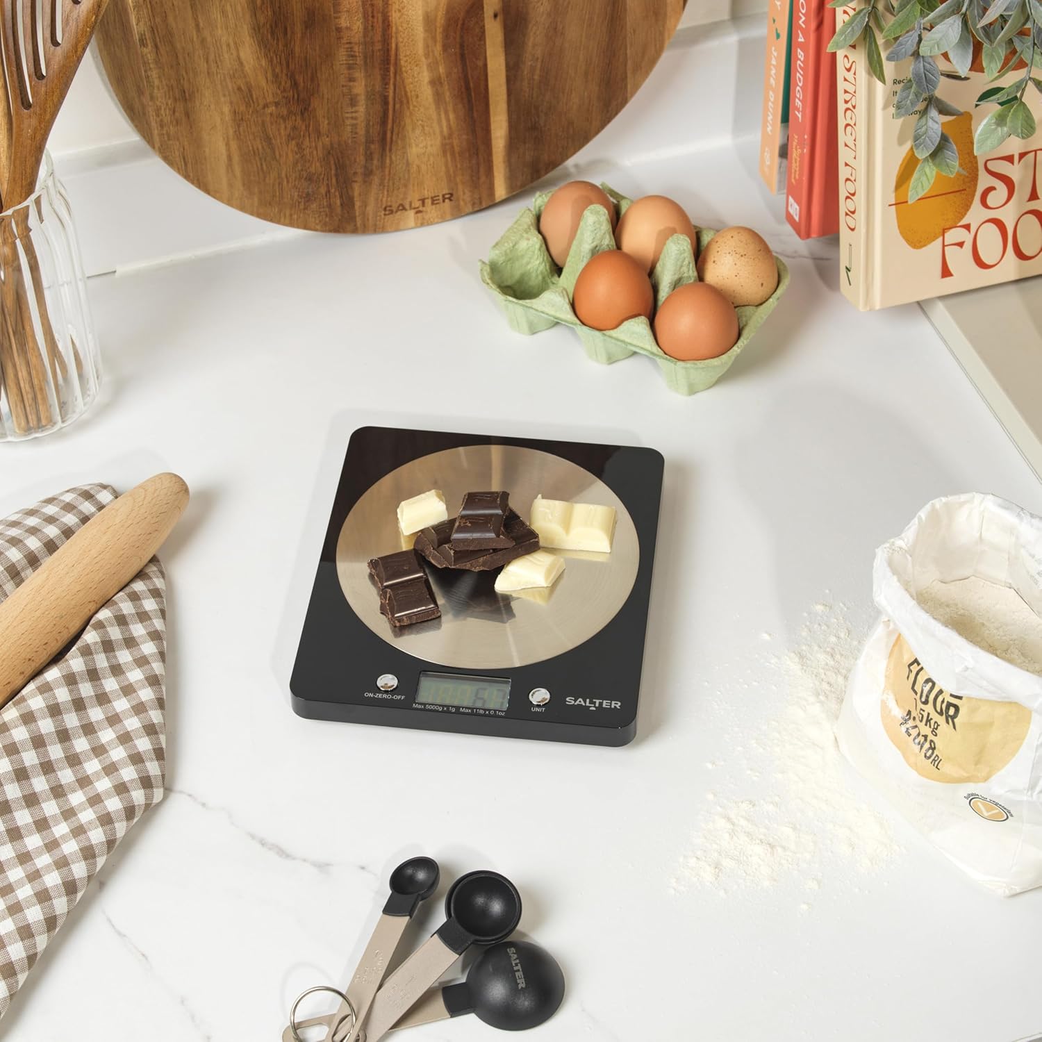 1036 BKSSDR Digital Kitchen Scale – Cooking & Baking Scales for Food Weight, Stainless Steel Weighing Platform, 5KG Capacity, Tare Function, Large LCD Easy Read Display, Measure Liquids, Black