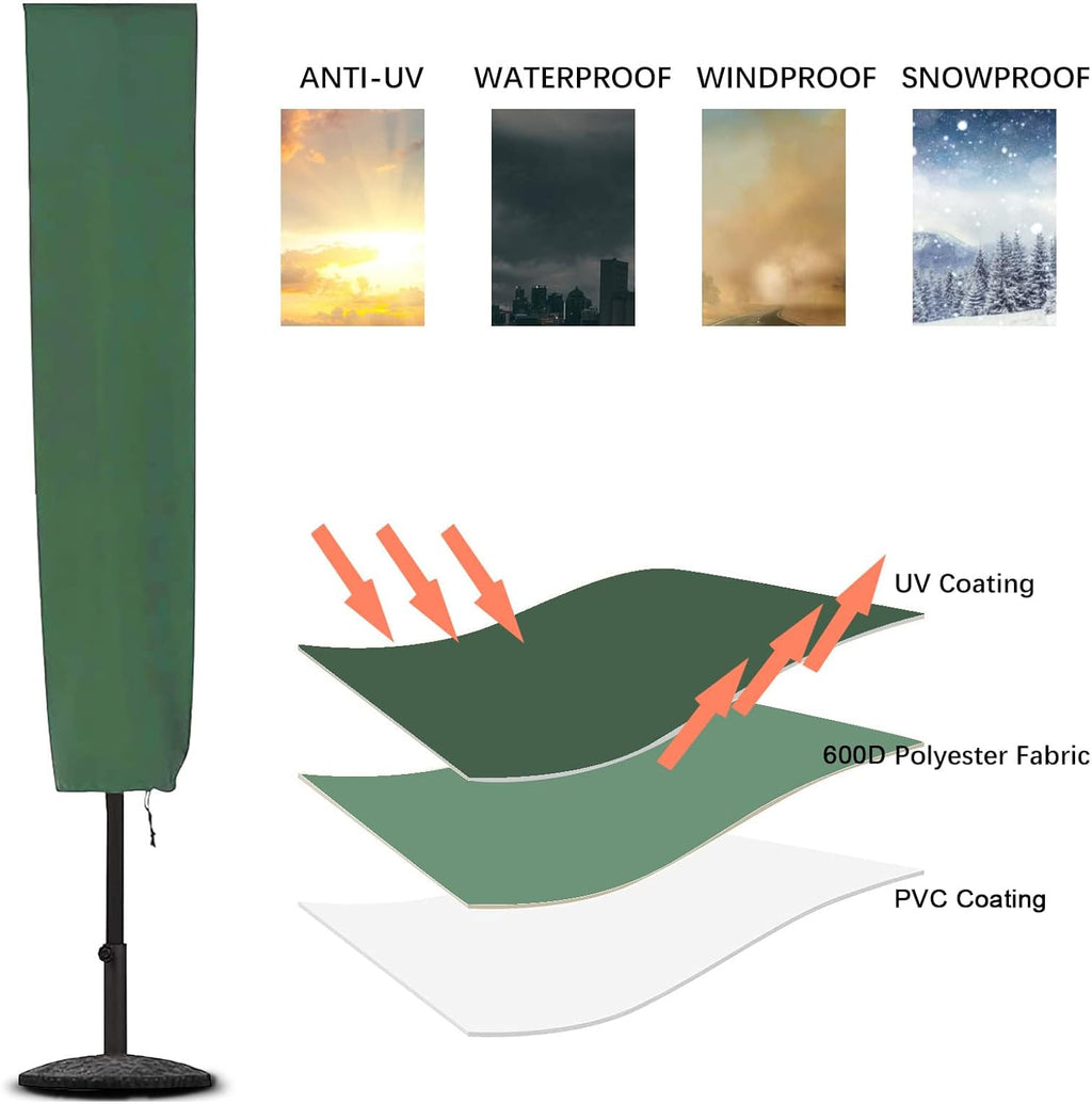RICHIE Garden Parasol Cover Patio Umbrella Covers for Parasol Fits 2 to 3m Diameter Parasols 153x30x30cm Waterproof Tear Resistant 600D Oxford PVC Coating with Drawstring Cord at Bottom, Green, NO ZIP