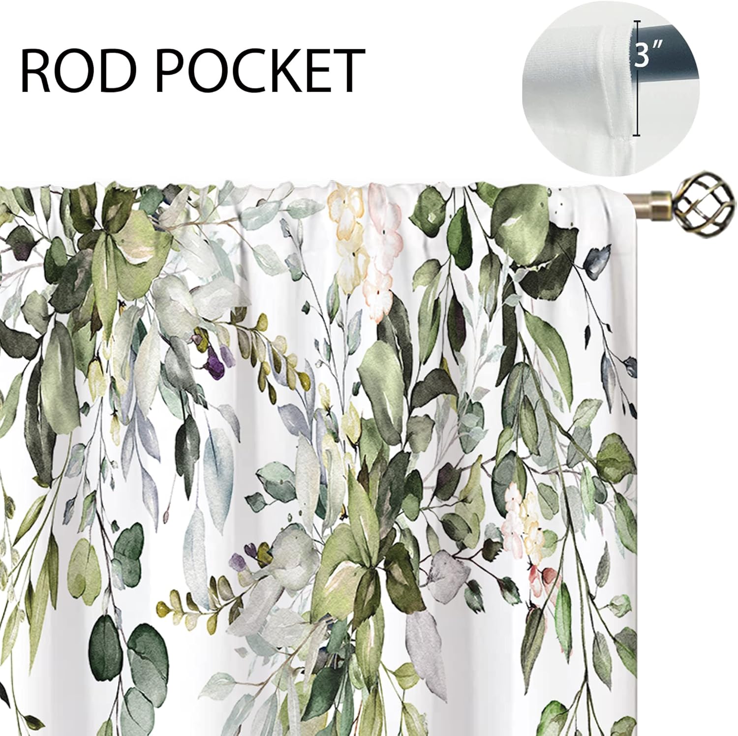 Eucalyptus Botanical Leaves Floral Kitchen Window Curtains Over Sink Boho Farmhouse Flower Leaf Small Window Treatment Sage Green Cafe Short Curtains for Bathroom Tier Drapes 27.5x39 inch