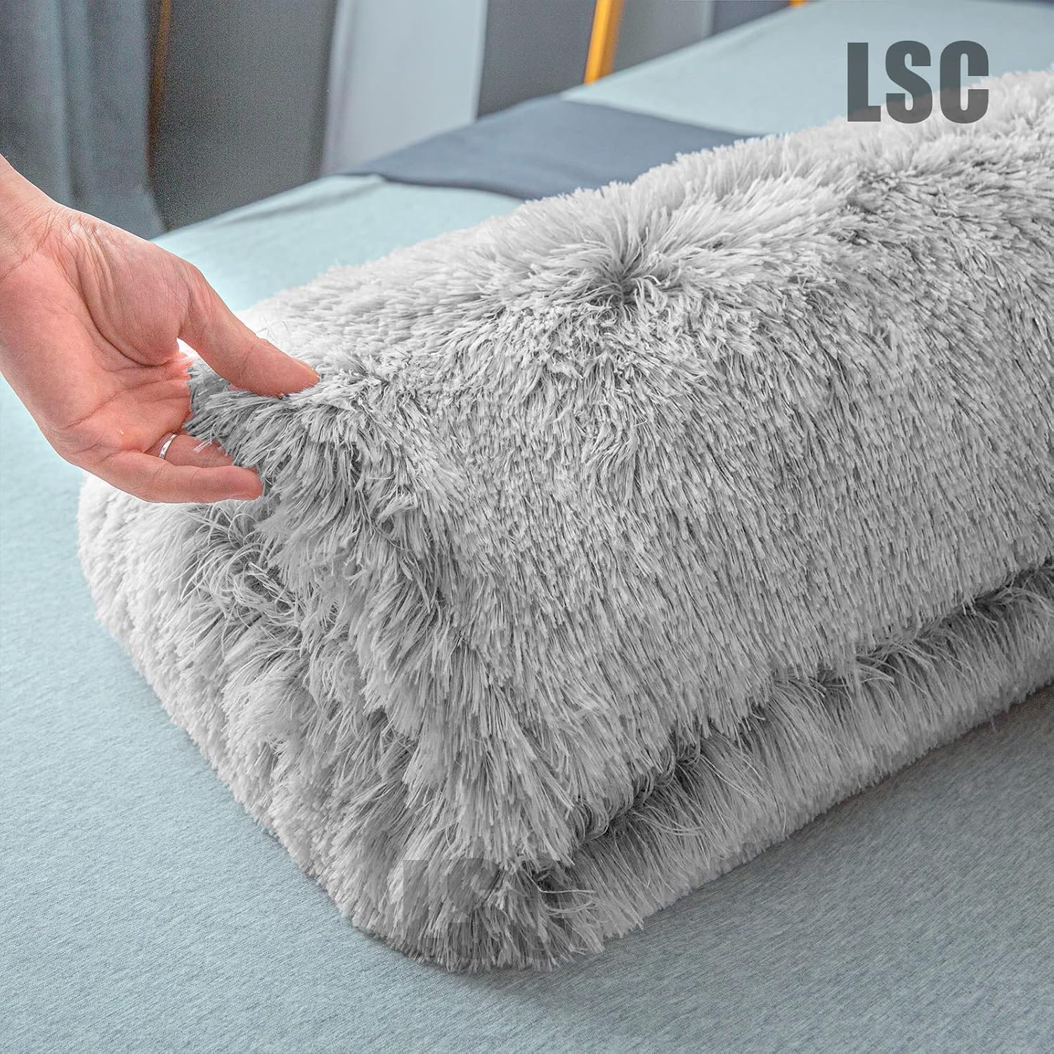 LSC Orthopedic V Pillow Soft & Fluffy Sherpa Teddy HUG & SNUG Fleece Pillows to Support Head, Neck and Back V-Shaped Nursing Pillow with Non-Allergenic Pillowcase (LIGHT GREY, 70 X 35 CM)