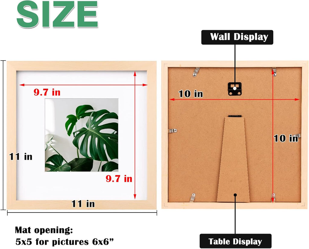 10x10 Photo Frame Natural Wood, Made of Solid Wood for Photos 6x6 with Mat or 10x10 without Mat, Tabletop and Wall Mounting Display