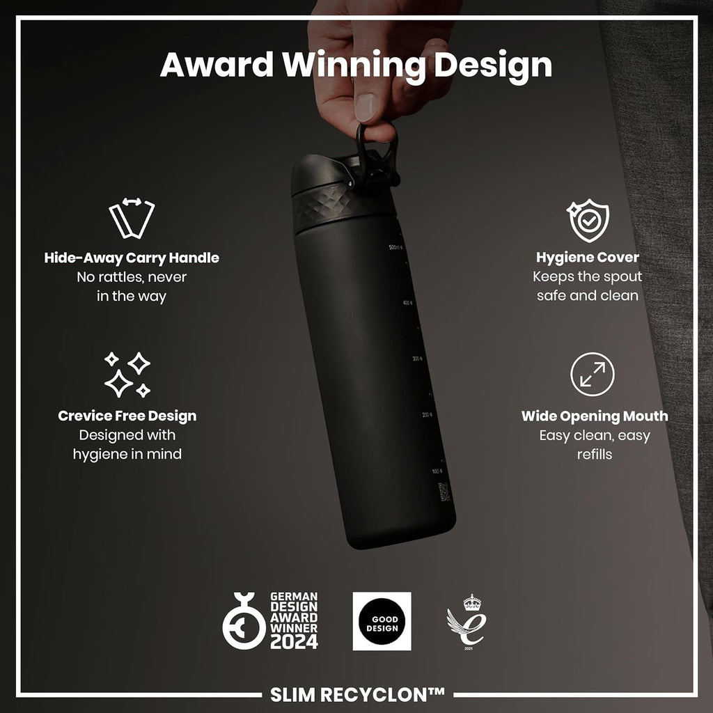 Water Bottle, 500 ml/18 oz, Leak Proof, Easy to Open, Secure Lock, Dishwasher Safe, BPA Free, Hygienic Flip Cover, Carry Handle, Fits Cup Holders, Easy Clean, Carbon Neutral, Black
