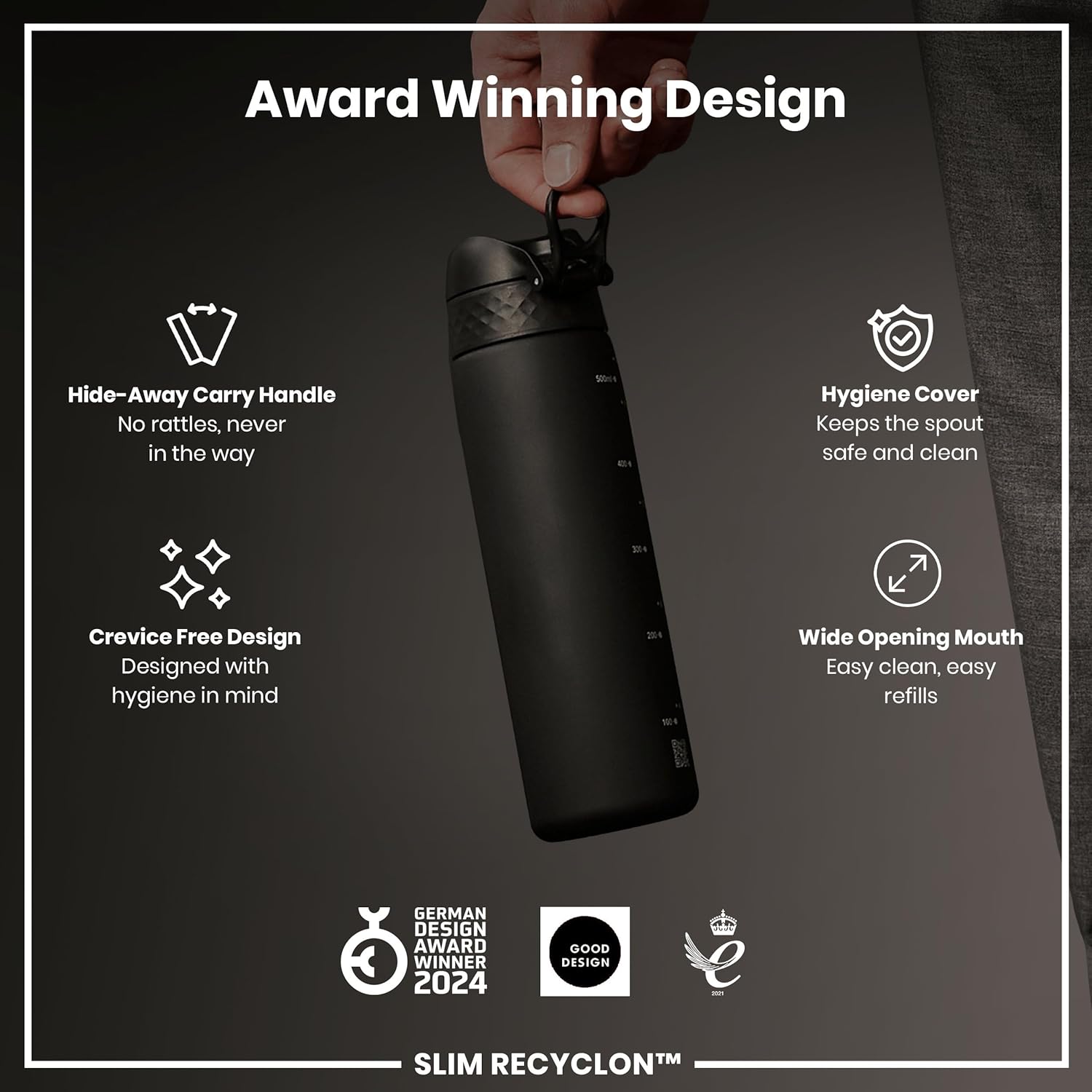 Water Bottle, 500 ml/18 oz, Leak Proof, Easy to Open, Secure Lock, Dishwasher Safe, BPA Free, Hygienic Flip Cover, Carry Handle, Fits Cup Holders, Easy Clean, Carbon Neutral, Black