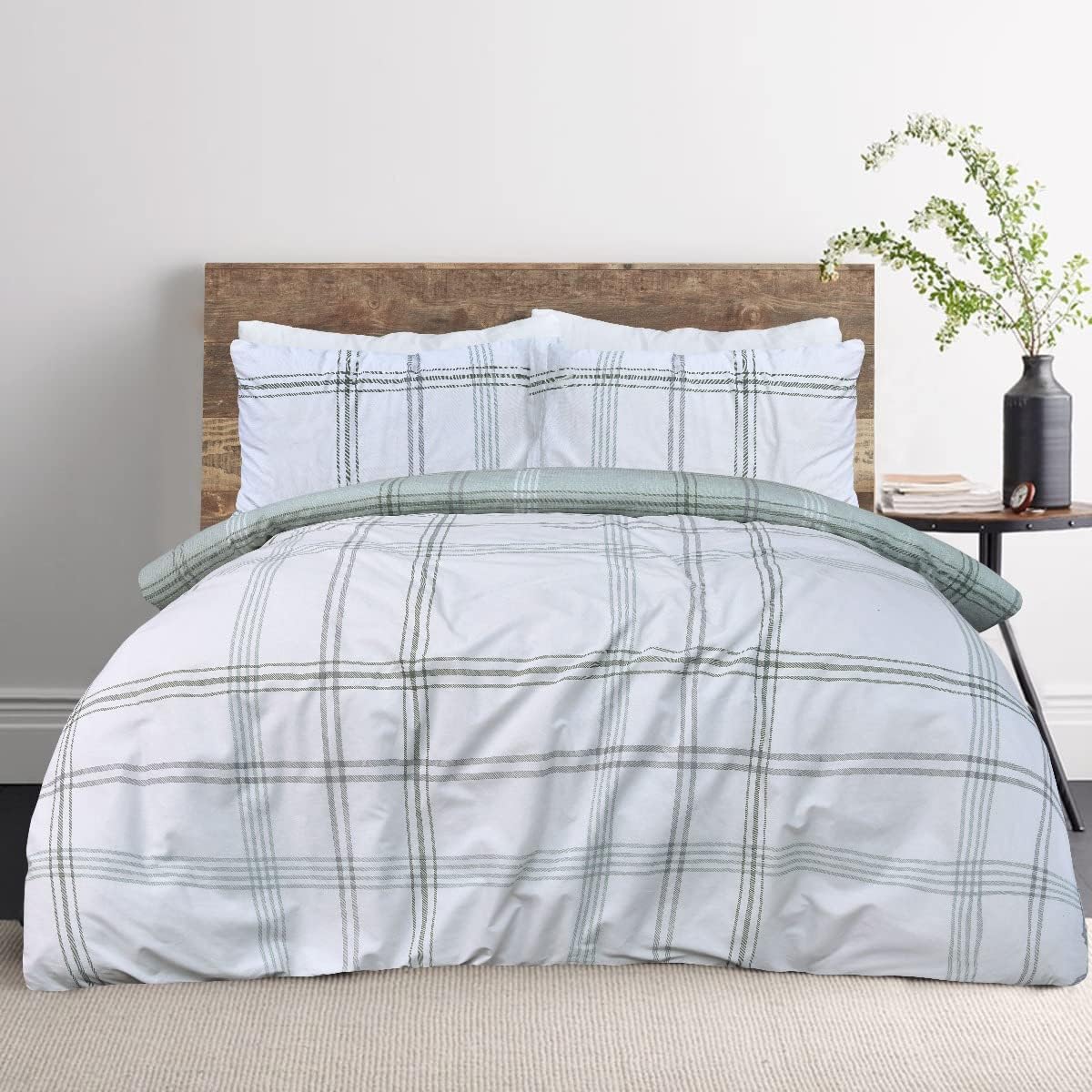 Waffle Green Check Reversible Duvet Cover Quilt Pillow Cases Bedding Set Soft Easy Care- Double (200cm x 200cm Secondary image