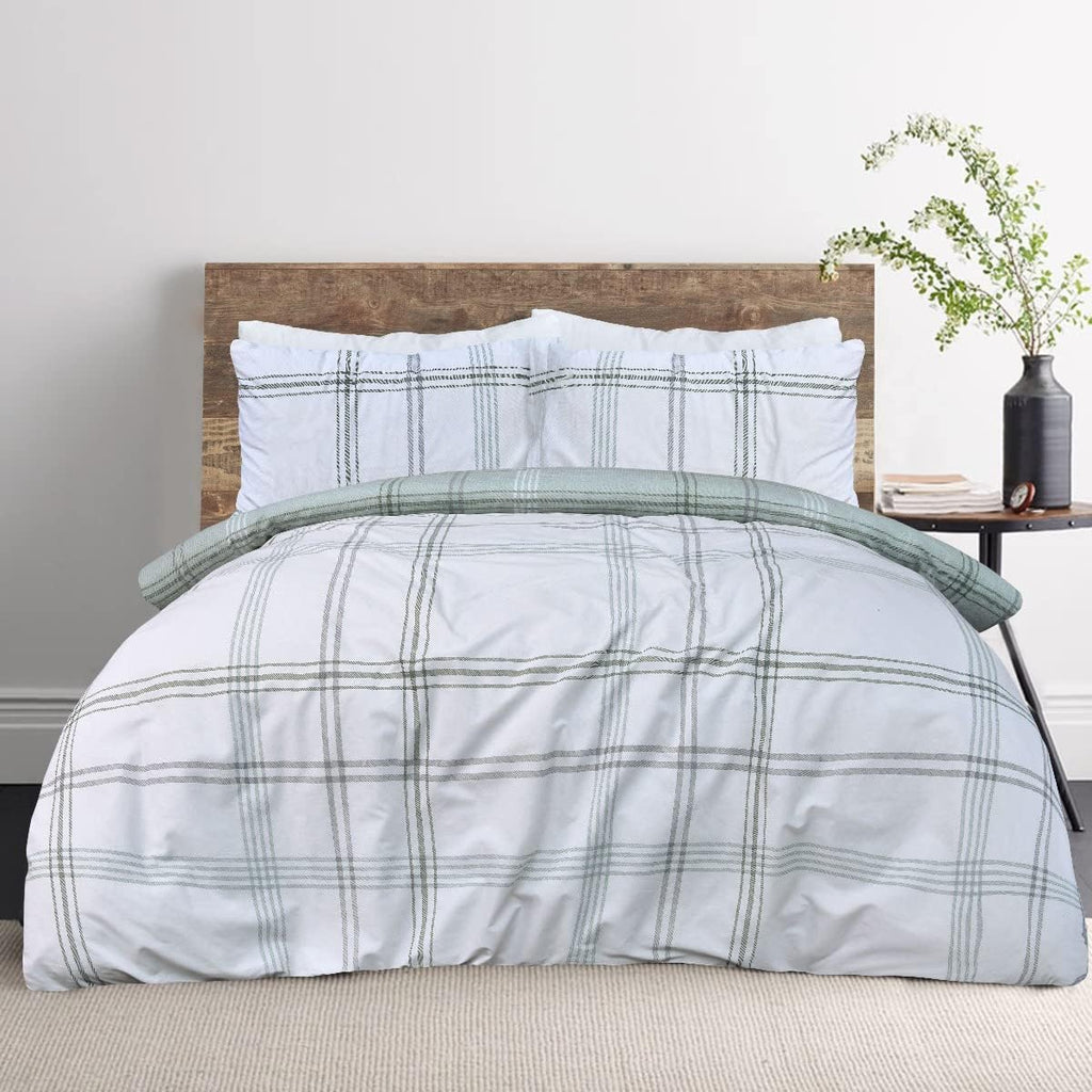 Waffle Green Check Reversible Duvet Cover Quilt Pillow Cases Bedding Set Soft Easy Care- Double (200cm x 200cm