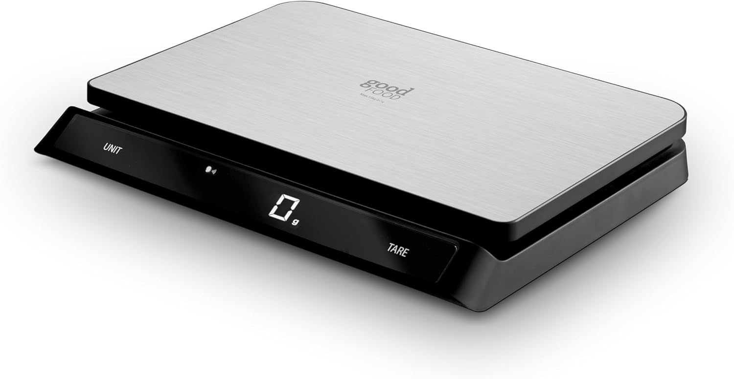 GF876009 Good Food in partnership with Tower Digital Intelli Kitchen Scale, Voice Control, LED Display, USB Rechargeable, 15kg Capacity, Black & Stainless Steel, 19.45 Main image