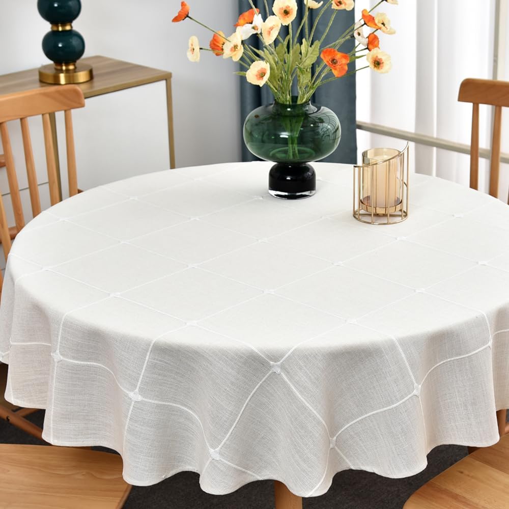 Round Table Cloth Heavy Duty Cotton Blend Tablecloth Solid Embroidery Lattice Table Cover Protector for Kitchen Dinning Tabletop Decoration (Beige, Round,135 cm in diamete)