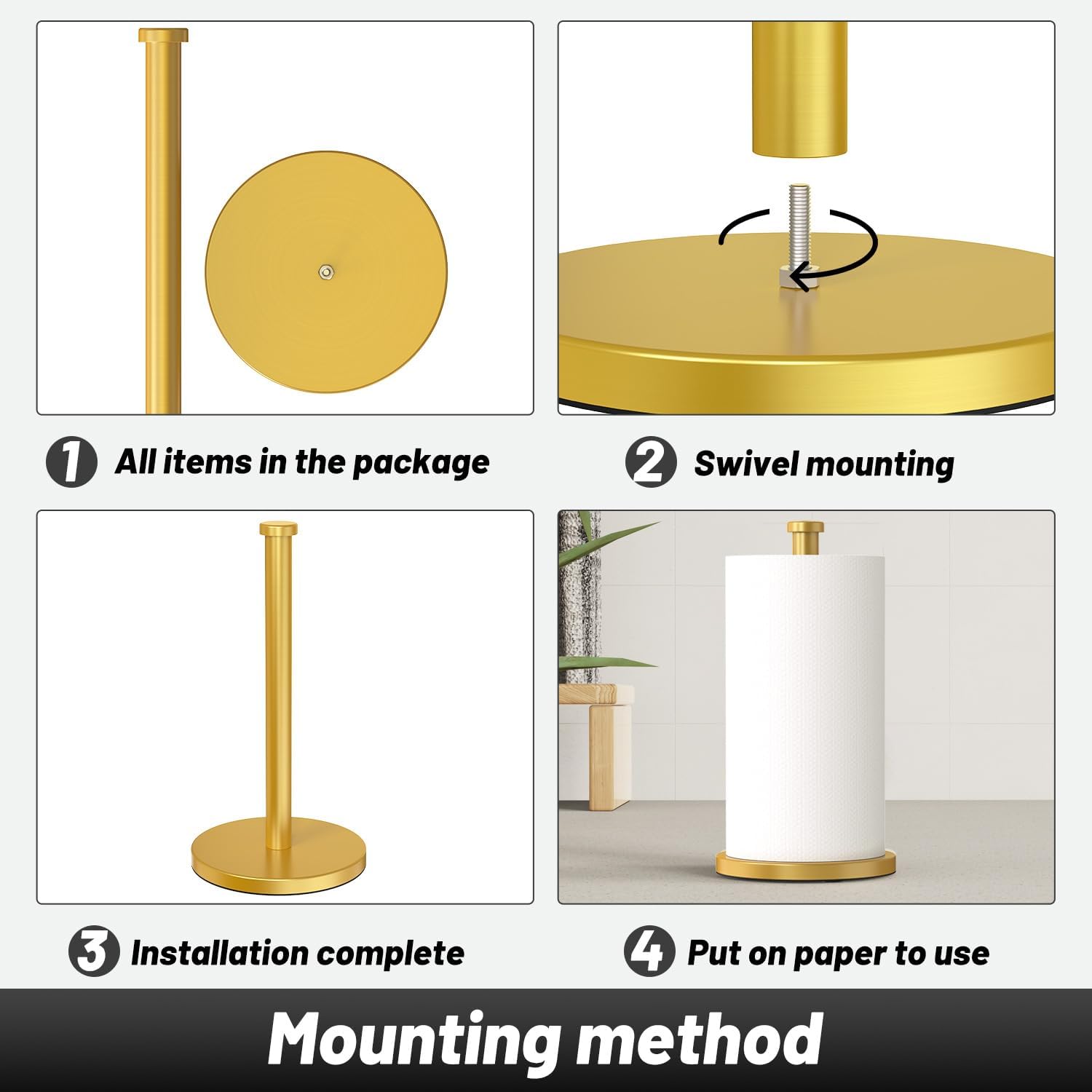 Gold Kitchen Roll Holder, Free Standing Paper Towel Holder with Suction Cups, Kitchen Towel Holders for Standard and Large Rolls, Suit for Kitchen, Dining Room,Bathroom